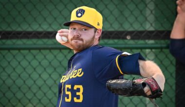 Milwaukee Brewers pitcher Brandon Woodruff (53) throws in the bullpen during spring training workouts on Tuesday, February 18, 2025, at American Family Fields of Phoenix in Phoenix, Arizona.