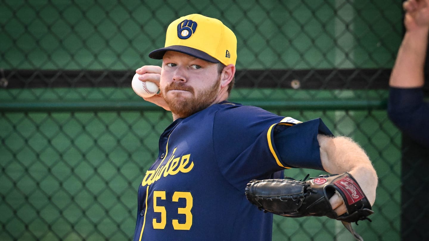 Milwaukee Brewers pitcher Brandon Woodruff (53) throws in the bullpen during spring training workouts on Tuesday, February 18, 2025, at American Family Fields of Phoenix in Phoenix, Arizona.