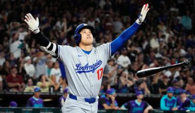 Los Angeles Dodgers Shohei Ohtani tosses his bat after hitting a three run home run against the Arizona Diamondbacks in the ninth inning at Chase Field in Phoenix on May 9, 2025. Mandatory Credit: Rob Schumacher-Arizona Republic