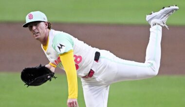 Sep 12, 2025; San Diego, California, USA; San Diego Padres starting pitcher JP Sears (38) delivers during the first inning against the Colorado Rockies at Petco Park. Mandatory Credit: Denis Poroy-Imagn Images