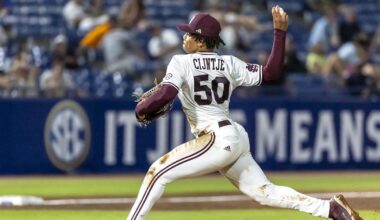 May 23, 2024; Hoover, AL, USA; Mississippi State Bulldogs pitcher Jurrangelo Cijntje (50) pitches against the Vanderbilt Commodores during the SEC Baseball Tournament at Hoover Metropolitan Stadium. Mandatory Credit: Vasha Hunt-Imagn Images