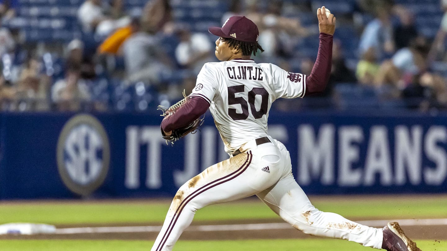 May 23, 2024; Hoover, AL, USA; Mississippi State Bulldogs pitcher Jurrangelo Cijntje (50) pitches against the Vanderbilt Commodores during the SEC Baseball Tournament at Hoover Metropolitan Stadium. Mandatory Credit: Vasha Hunt-Imagn Images