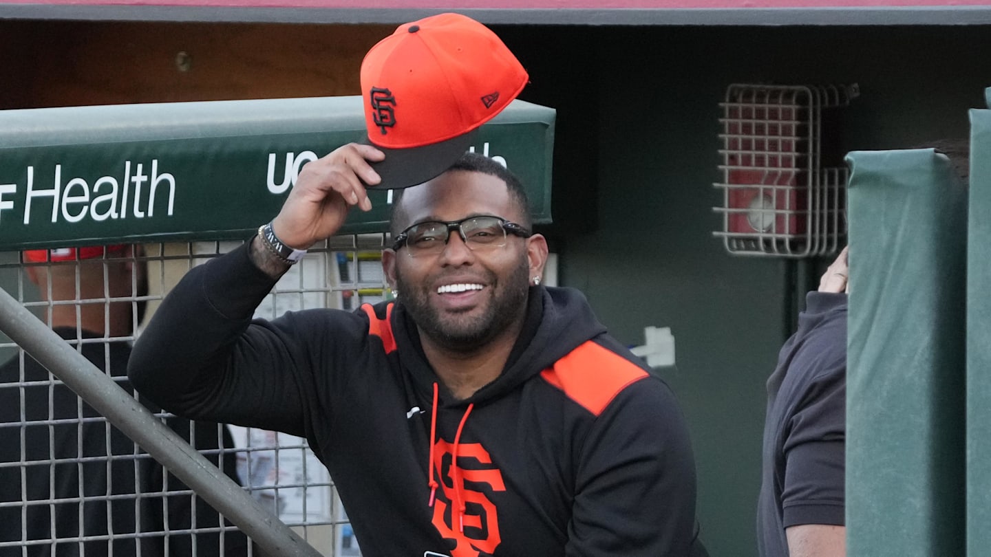 Mar 18, 2025; Scottsdale, Arizona, USA; San Francisco Giants Pablo Sandoval gets ready for a game against the San Diego Padres at Scottsdale Stadium. Mandatory Credit: Rick Scuteri-Imagn Images