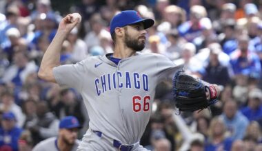 May 4, 2025; Milwaukee, Wisconsin, USA; Chicago Cubs pitcher Julian Merryweather (66) delivers a pitch against the Milwaukee Brewers in the sixth inning at American Family Field. Mandatory Credit: Michael McLoone-Imagn Images
