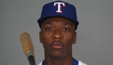 Feb 19, 2025; Surprise, AZ, USA; Texas Rangers player Sebastian Walcott poses for a photo during Media Day at Surprise Stadium. Mandatory Credit: Joe Camporeale-Imagn Images