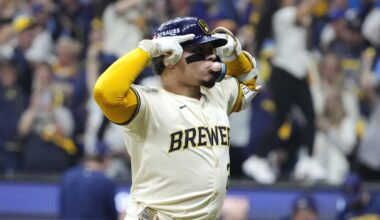 Oct 11, 2025; Milwaukee, Wisconsin, USA; Milwaukee Brewers catcher William Contreras (24) celebrates after hitting a solo home run against the Chicago Cubs in the first inning during game five of the NLDS round for the 2025 MLB playoffs at American Family Field. Mandatory Credit: Michael McLoone-Imagn Images