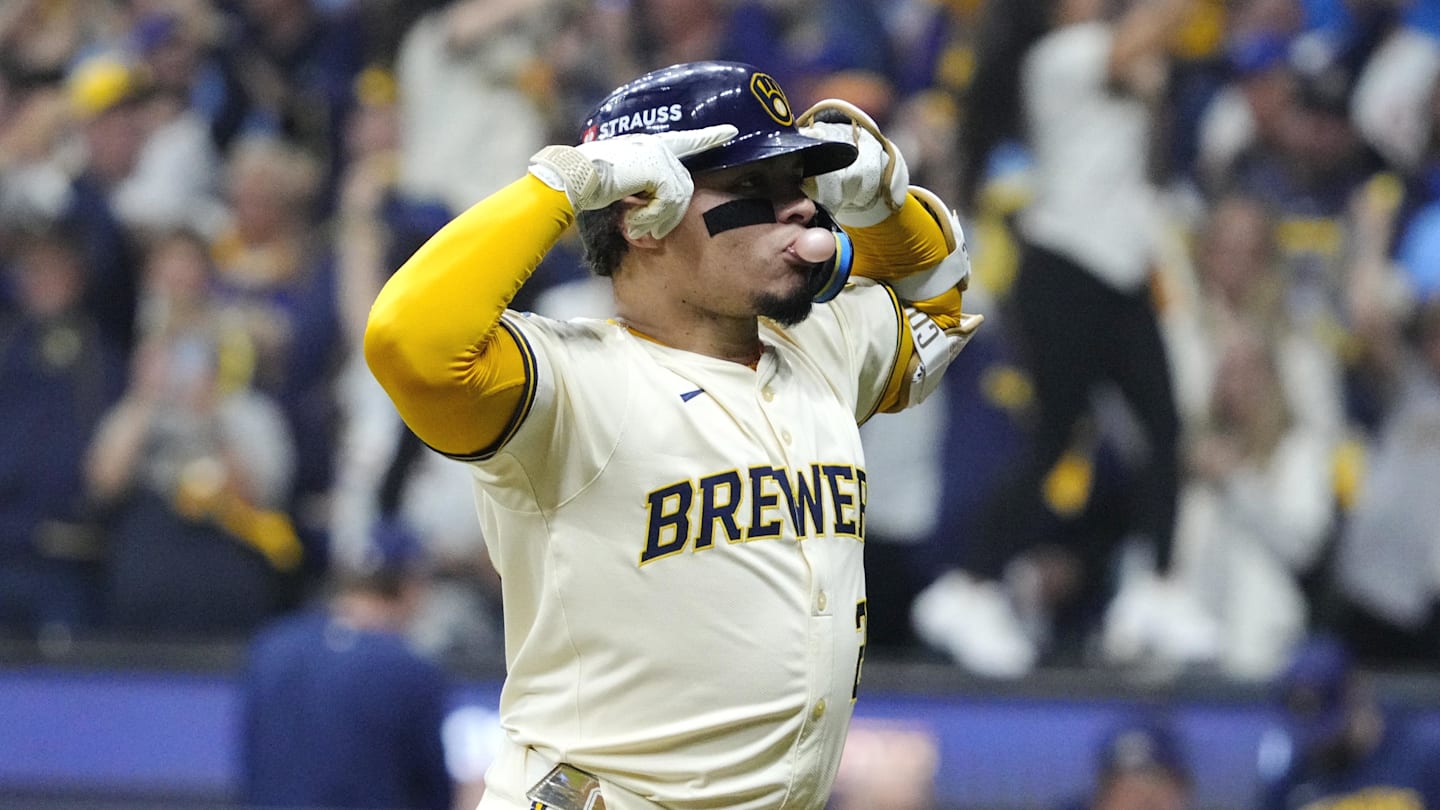 Oct 11, 2025; Milwaukee, Wisconsin, USA; Milwaukee Brewers catcher William Contreras (24) celebrates after hitting a solo home run against the Chicago Cubs in the first inning during game five of the NLDS round for the 2025 MLB playoffs at American Family Field. Mandatory Credit: Michael McLoone-Imagn Images