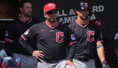 Mar 16, 2025: Cleveland Guardians manager Stephen Vogt (12) gets ready for a game against the Milwaukee Brewers at American Family Fields of Phoenix.