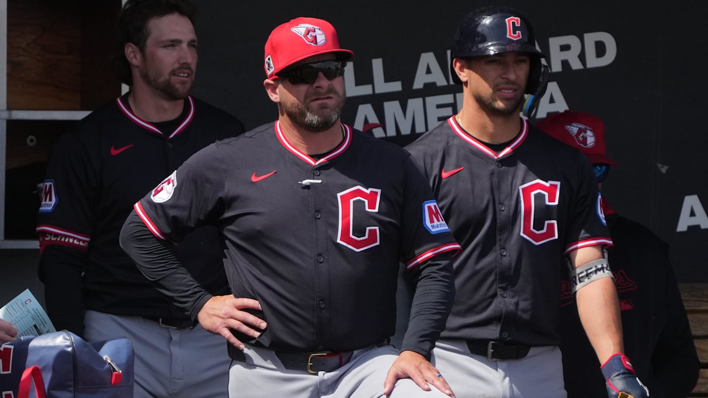 Mar 16, 2025: Cleveland Guardians manager Stephen Vogt (12) gets ready for a game against the Milwaukee Brewers at American Family Fields of Phoenix.