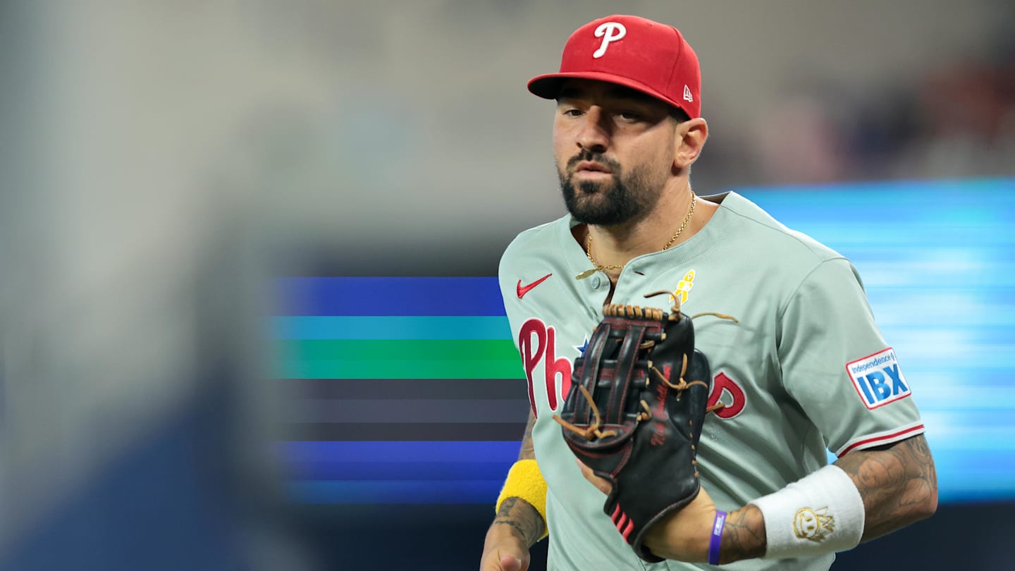 Sep 7, 2025; Miami, Florida, USA; Philadelphia Phillies right fielder Nick Castellanos (8) returns to the dugout against the Miami Marlins during the fifth inning at loanDepot Park.