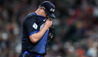 Detroit Tigers pitcher Paul Sewald (62) walks off the field for pitching change during the ninth inning against Atlanta Braves at Comerica Park in Detroit on Friday, Sept. 19, 2025.