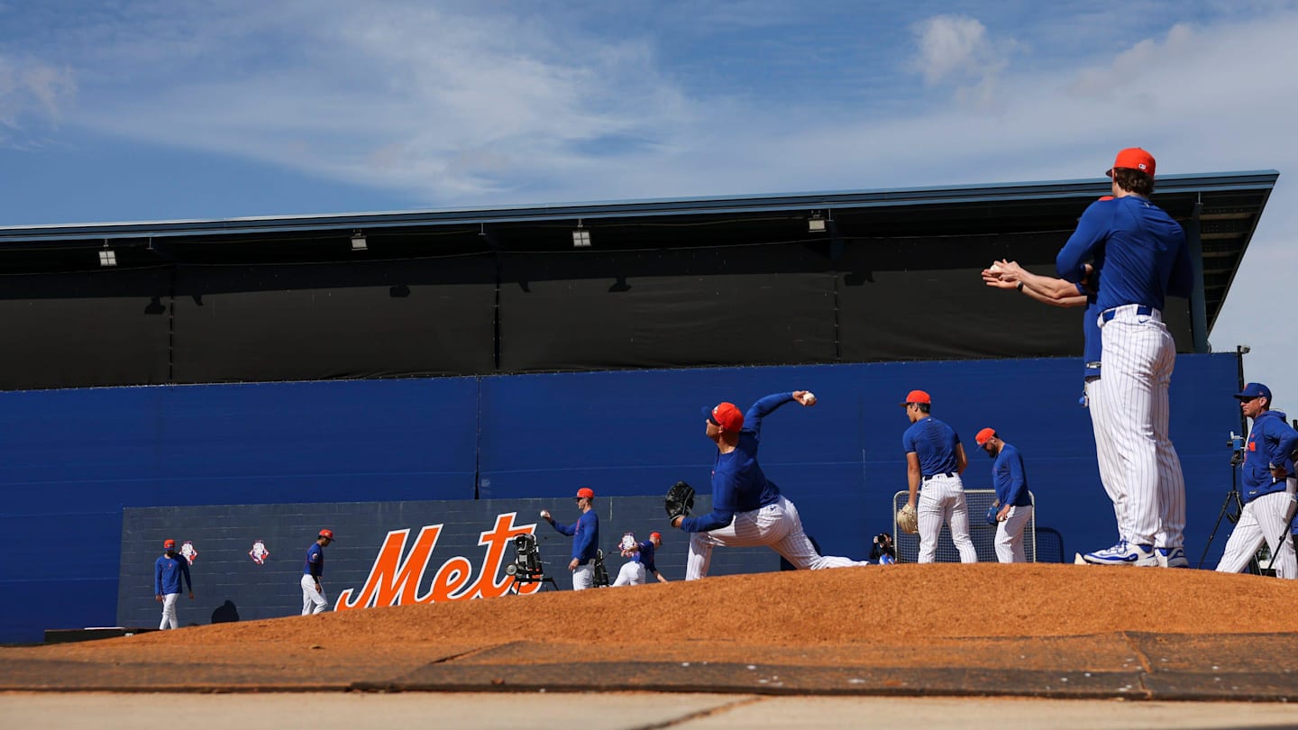 The New York Mets pitchers and catchers take part in their first day of spring training on the back fields of Clover Park on Feb. 11, 2026, in Port St. Lucie.