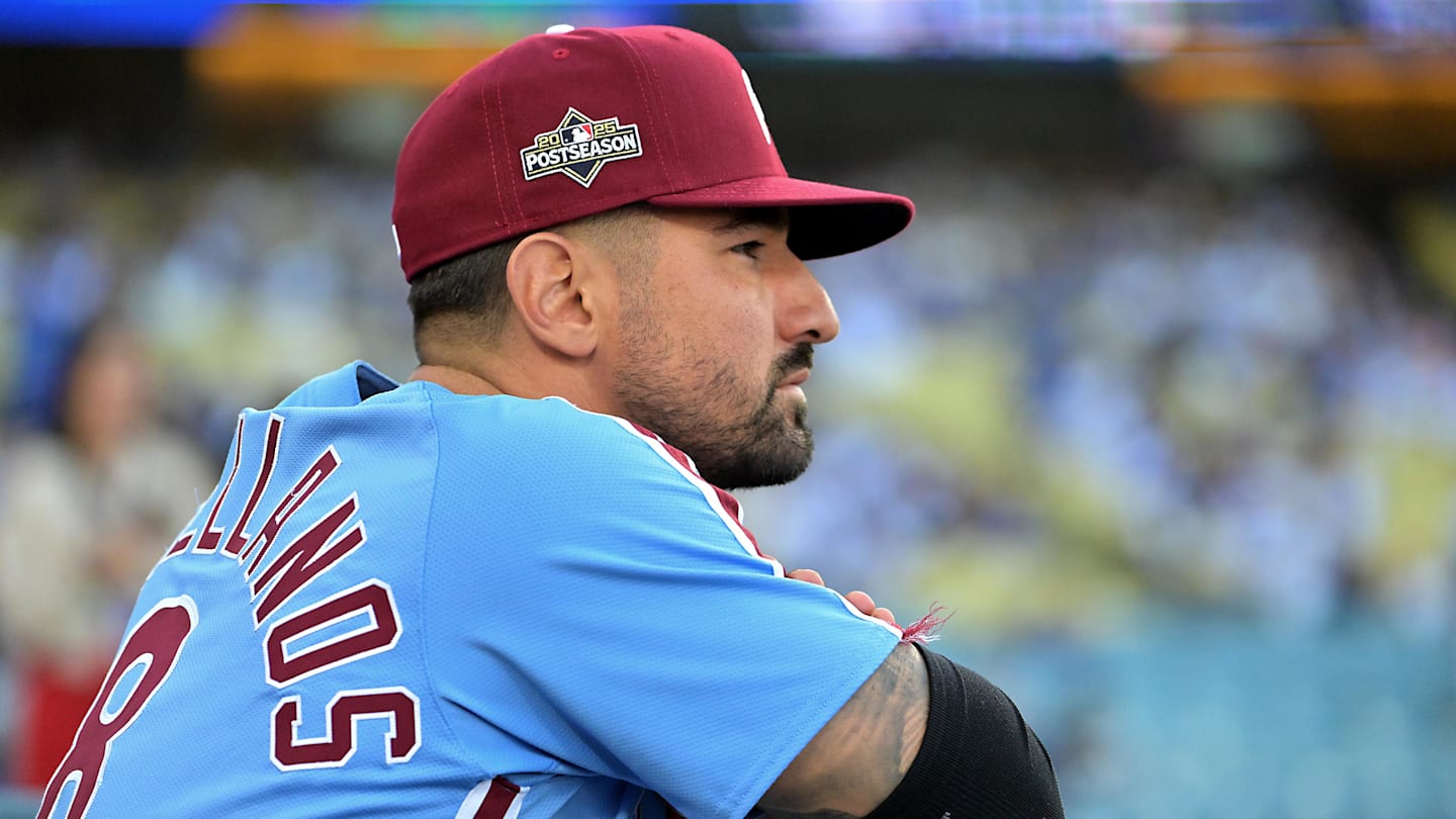 Oct 8, 2025; Los Angeles, California, USA; Philadelphia Phillies right fielder Nick Castellanos (8) looks on from the dugout during game three of the NLDS of the 2025 MLB playoffs against the Los Angeles Dodgers at Dodger Stadium. Mandatory Credit: Jayne Kamin-Oncea-Imagn Images