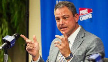 Nov 3, 2022; Kansas City, Missouri, USA; Kansas City Royals general manager J.J. Picollo talks with media during a press conference at Kauffman Stadium. Mandatory Credit: Jay Biggerstaff-Imagn Images