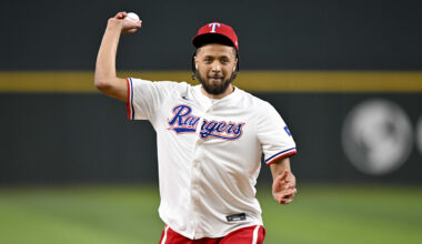 Jul 2, 2025; Arlington, Texas, USA; Detroit Pistons point guard Cade Cunningham throws out the first pitch before the game between the Texas Rangers and the Baltimore Orioles at Globe Life Field. Mandatory Credit: Jerome Miron-Imagn Images