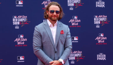Jul 15, 2025; Atlanta, GA, USA; National League second baseman Brendan Donovan (33) of the St. Louis Cardinals poses for a photo on the red carpet before the 2025 MLB All Star Game at Truist Park. Mandatory Credit: Brett Davis-Imagn Images