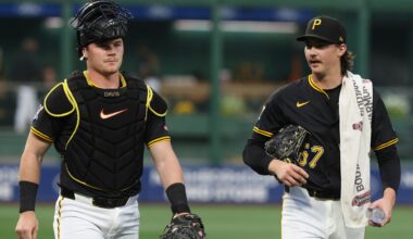Pittsburgh Pirates catcher Henry Davis and starting pitcher Bubba Chandler.