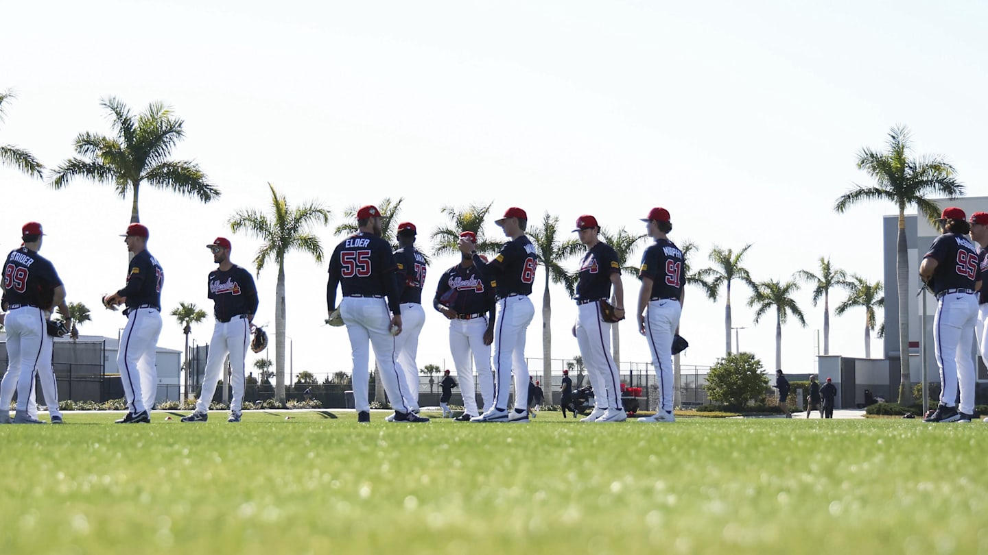 Feb 10, 2026; North Port, FL, USA;  Atlanta Braves pitchers and catchers workout during spring training workouts. Mandatory Credit: Kim Klement Neitzel-Imagn Images