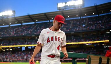 Jun 23, 2025; Anaheim, California, USA; Los Angeles Angels pitcher Jack Kochanowicz (41) returns following the top of the fifth inning against the Boston Red Sox at Angel Stadium. Mandatory Credit: Gary A. Vasquez-Imagn Images
