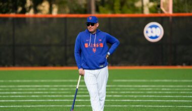 New York Mets manager Carlos Mendoza during spring training on the back fields of Clover Park on Feb. 11, 2026, in Port St. Lucie.