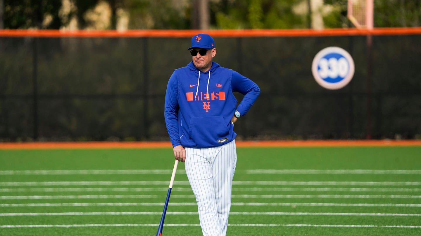 New York Mets manager Carlos Mendoza during spring training on the back fields of Clover Park on Feb. 11, 2026, in Port St. Lucie.