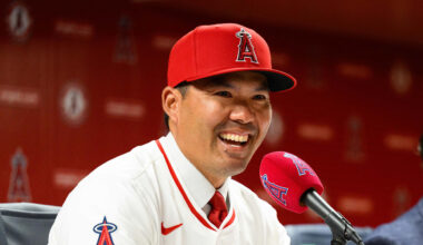 Oct 22, 2025; Los Angeles, CA, USA; Los Angeles Angels manager Kurt Suzuki speaks during a press conference at Angel Stadium. Mandatory Credit: William Liang-Imagn Images