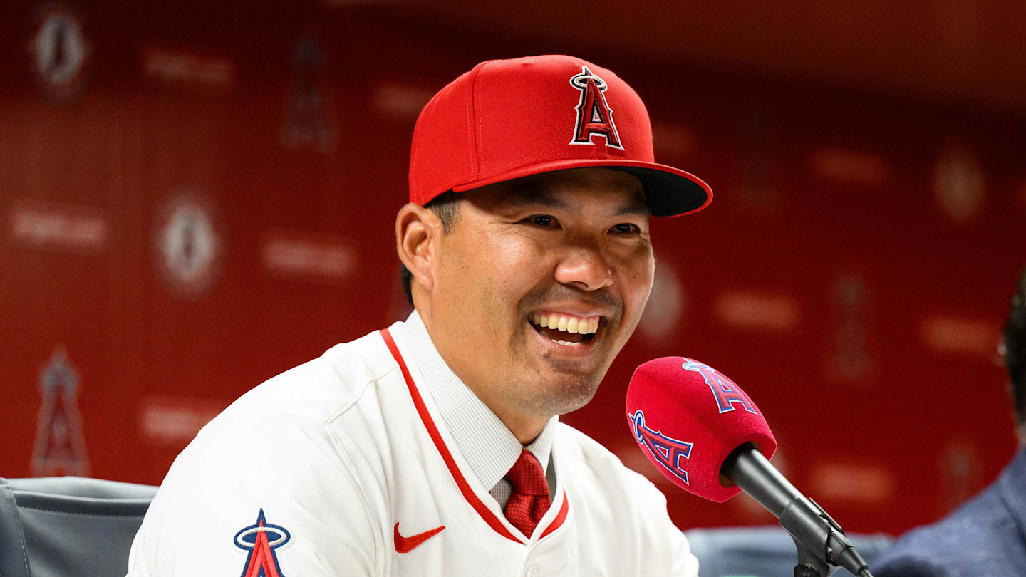 Oct 22, 2025; Los Angeles, CA, USA; Los Angeles Angels manager Kurt Suzuki speaks during a press conference at Angel Stadium. Mandatory Credit: William Liang-Imagn Images