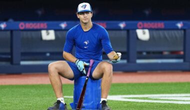 Sep 13, 2025: Toronto Blue Jays outfielder Joey Loperfido (10) watches during early batting practice before a game against the Baltimore Orioles at Rogers Centre.