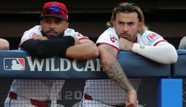 Cleveland Guardians shortstop Gabriel Arias, right, reacts as the Detroit Tigers near a win in Game 3 of the American League Wild Card Series at Progressive Field, Oct. 2, 2025, in Cleveland, Ohio.