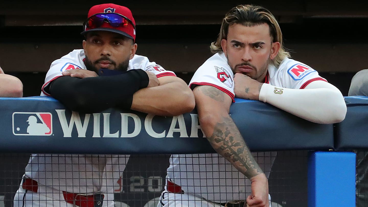 Cleveland Guardians shortstop Gabriel Arias, right, reacts as the Detroit Tigers near a win in Game 3 of the American League Wild Card Series at Progressive Field, Oct. 2, 2025, in Cleveland, Ohio.