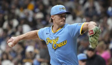Aug 22, 2025; Milwaukee, Wisconsin, USA; Milwaukee Brewers pitcher Shelby Miller (55) delivers a pitch against the San Francisco Giants in the sixth inning at American Family Field. Mandatory Credit: Michael McLoone-Imagn Images