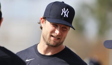 Feb 12, 2026; Tampa, FL, USA;  New York Yankees pitcher Gerrit Cole (45) works out during spring training workouts at George M. Steinbrenner Field. Mandatory Credit: Kim Klement Neitzel-Imagn Images