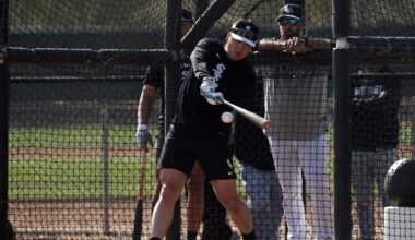 Feb 10, 2026; Glendale, AZ, USA; Chicago White Sox first baseman Munetaka Murakami (5) takes batting practice during spring training camp at Camelback Ranch. Mandatory Credit: Rick Scuteri-Imagn Images