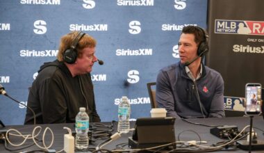 Dec 10, 2025; Orlando, FL, USA; Boston Red Sox Chief Baseball Officer Craig Breslow (right) during an interview at the 2025 MLB Winter Meetings at Signia by Hilton Hotel. Mandatory Credit: Mike Watters-Imagn Images