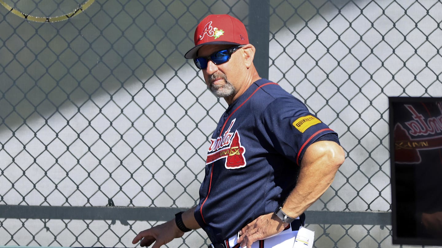 Feb 10, 2026; North Port, FL, USA; Atlanta Braves manager coach Walt Weiss (4) looks on during spring training workouts. Mandatory Credit: Kim Klement Neitzel-Imagn Images
