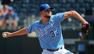 Sep 5, 2019; Kansas City, MO, USA; Kansas City Royals relief pitcher Jesse Hahn (32) pitches against the Detroit Tigers during the eighth inning at Kauffman Stadium. Mandatory Credit: Jay Biggerstaff-Imagn Images