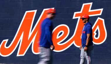 Feb 13, 2026; Port St. Lucie, FL, USA; A view of a Mets signage during spring training at Clover Park. Mandatory Credit: Sam Navarro-Imagn Images