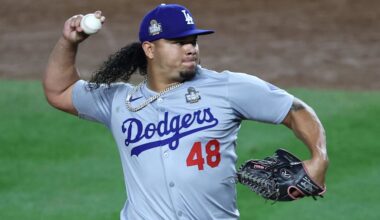 Oct 30, 2024; New York, New York, USA; Los Angeles Dodgers pitcher Brusdar Graterol (48) throws during the sixth inning against the New York Yankees in game five of the 2024 MLB World Series at Yankee Stadium. Mandatory Credit: Wendell Cruz-Imagn Images