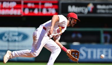 Sep 17, 2025; St. Louis, Missouri, USA; St. Louis Cardinals shortstop Thomas Saggese (25) fields a grounder up the middle by Cincinnati Reds outfielder Noelvi Marte (not shown) in the eighth inning at Busch Stadium. Mandatory Credit: Tim Vizer-Imagn Images