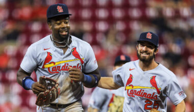 Aug 29, 2025; Cincinnati, Ohio, USA; St. Louis Cardinals outfielder Jordan Walker (18) and second baseman Thomas Saggese (25) run off the field in the sixth inning against the Cincinnati Reds at Great American Ball Park. Mandatory Credit: Katie Stratman-Imagn Images