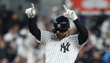 Apr 3, 2025; Bronx, New York, USA; New York Yankees left fielder Jasson Dominguez (24) reacts after hitting a double during the fourth inning against the Arizona Diamondbacks at Yankee Stadium. Mandatory Credit: Vincent Carchietta-Imagn Images