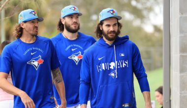 Feb 11, 2026; Dunedin, FL, USA;  Toronto Blue Jays pitcher Kevin Gausman (34), pitcher Dylan Cease (84),  pitcher Cody Ponce (37) workout for spring training practice at Blue Jays Player Development Complex. Mandatory Credit: Kim Klement Neitzel-Imagn Images