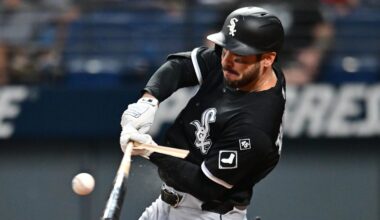 Sep 13, 2025; Cleveland, Ohio, USA; Chicago White Sox right fielder Mike Tauchman (18) breaks his bat on a ground out against the Cleveland Guardians during the sixth inning beat Progressive Field. Mandatory Credit: Ken Blaze-Imagn Images