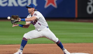 Sep 16, 2025; New York City, New York, USA; New York Mets second baseman Jeff McNeil (1) forces out San Diego Padres left fielder Gavin Sheets (not pictured) at second base during the second inning against the San Diego Padres at Citi Field. Mandatory Credit: Vincent Carchietta-Imagn Images