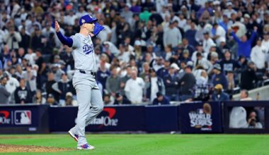 Oct 30, 2024; New York, New York, USA; Los Angeles Dodgers pitcher Walker Buehler (21) celebrates after beating the New York Yankees in game four to win the 2024 MLB World Series at Yankee Stadium. Mandatory Credit: Brad Penner-Imagn Images