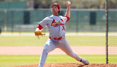 Feb 14, 2026; Jupiter, FL, USA; St. Louis Cardinals pitcher Packy Naughton (71) delivers a pitch during a spring training workout at Roger Dean Chevrolet Stadium. Mandatory Credit: Sam Navarro-Imagn Images