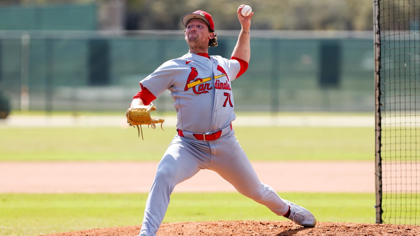 Feb 14, 2026; Jupiter, FL, USA; St. Louis Cardinals pitcher Packy Naughton (71) delivers a pitch during a spring training workout at Roger Dean Chevrolet Stadium. Mandatory Credit: Sam Navarro-Imagn Images