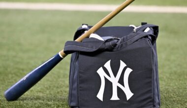 Aug 4, 2025; Arlington, Texas, USA; A view of a baseball bat and a New York Yankees bag and logo before the game between the Texas Rangers and the Yankees at Globe Life Field. Mandatory Credit: Jerome Miron-Imagn Images