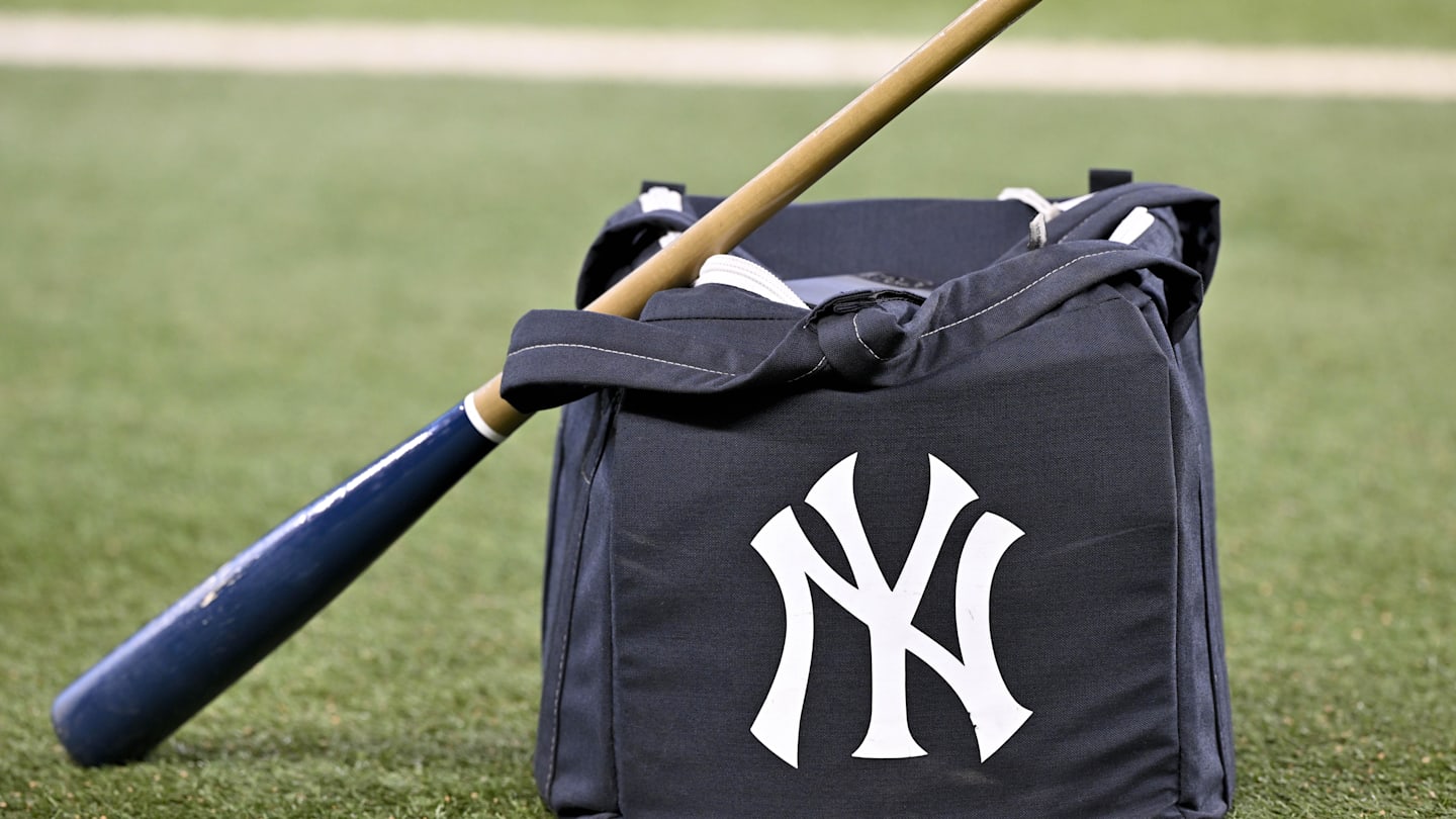 Aug 4, 2025; Arlington, Texas, USA; A view of a baseball bat and a New York Yankees bag and logo before the game between the Texas Rangers and the Yankees at Globe Life Field. Mandatory Credit: Jerome Miron-Imagn Images