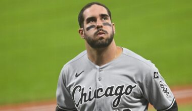 Sep 12, 2025; Cleveland, Ohio, USA; Chicago White Sox right fielder Mike Tauchman (18) reacts after getting hit with a foul ball in the third inning against the Cleveland Guardians at Progressive Field. Mandatory Credit: David Richard-Imagn Images